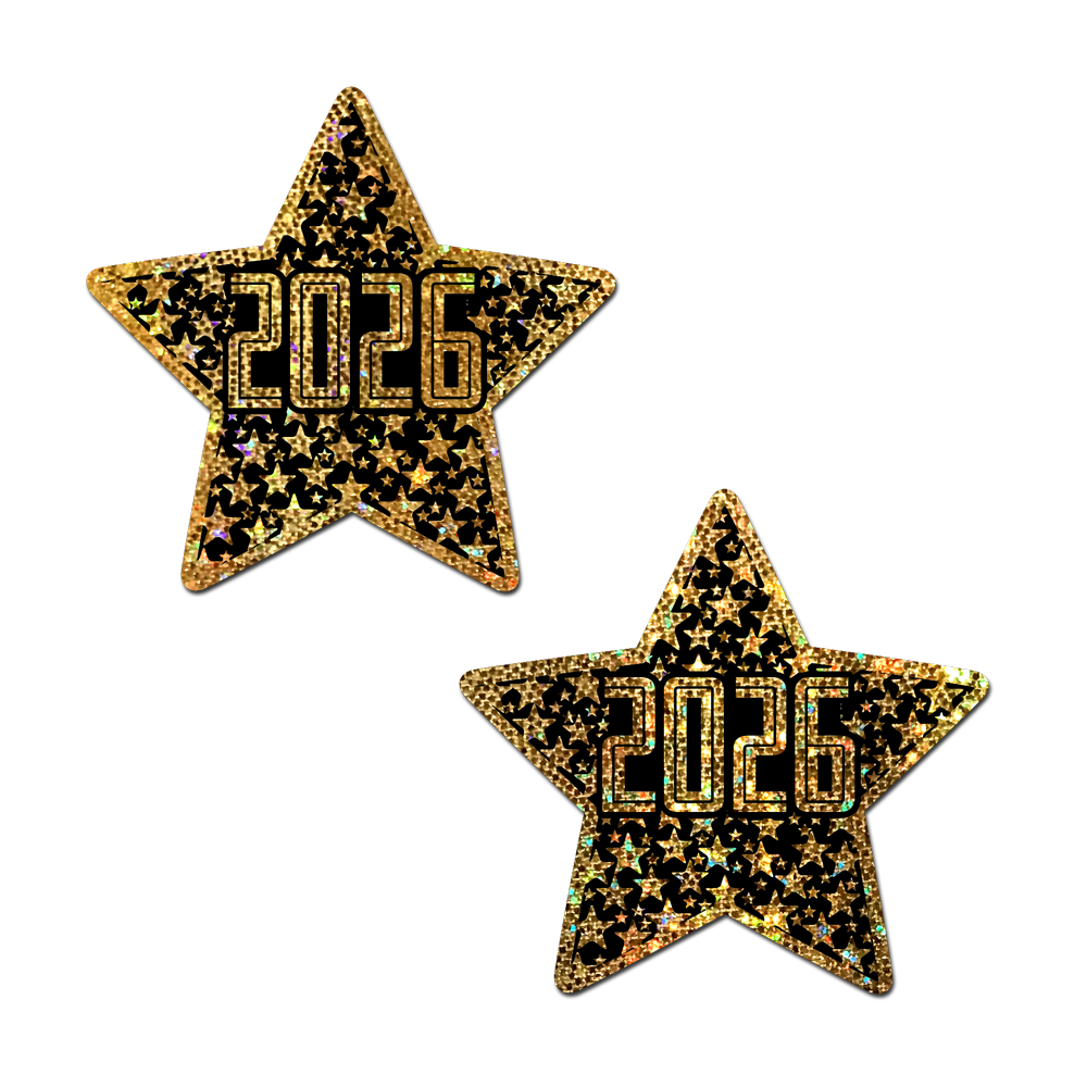5-Pack: Happy New Year Pasties 2026 Black & Gold Star Nipple Covers by Pastease®