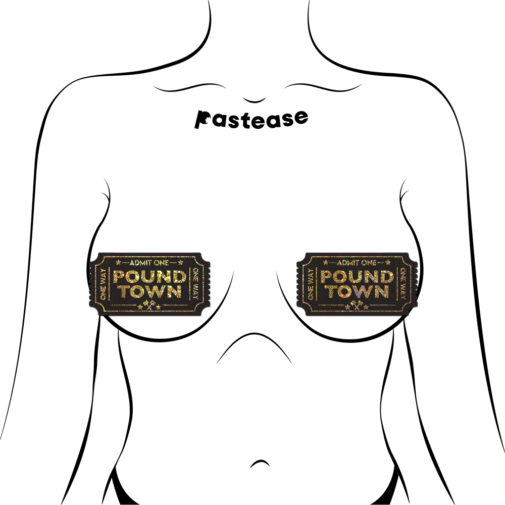 5 Pack: Pound Town Pasties: One-Way Ticket to Pound Town Gold Glitter Nipple Covers by Pastease
