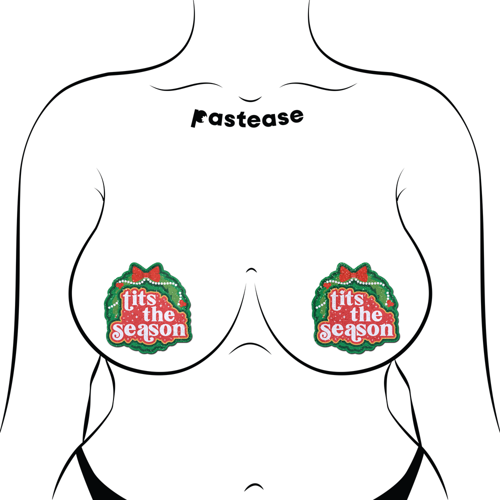 5-Pack: Tits the Season Holiday Green Wreath on Glittery Velvet Breast Pasties by Pastease®