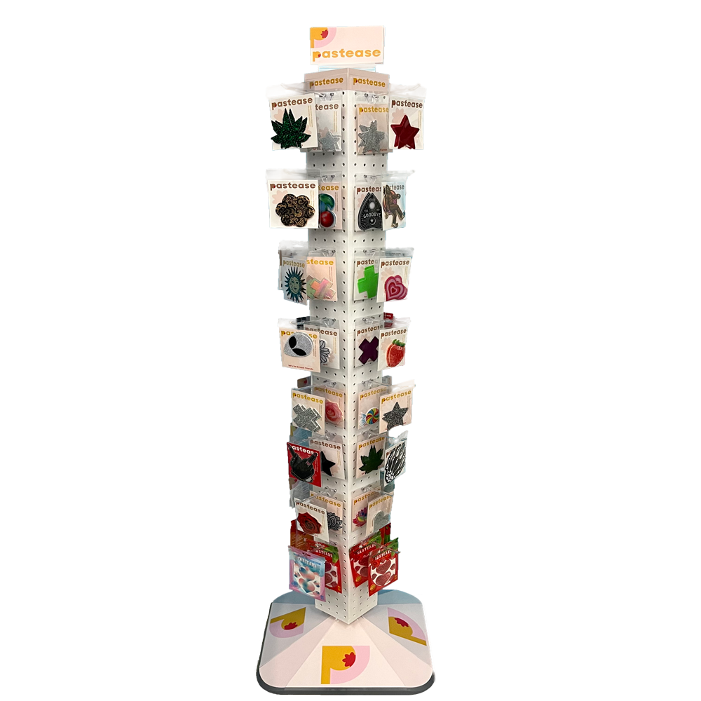Pastease® POP Display: Pastease Branded Four-Sided 4"W X 60"H Pegboard Tower With Revolving 14.5" Base - Standalone Display