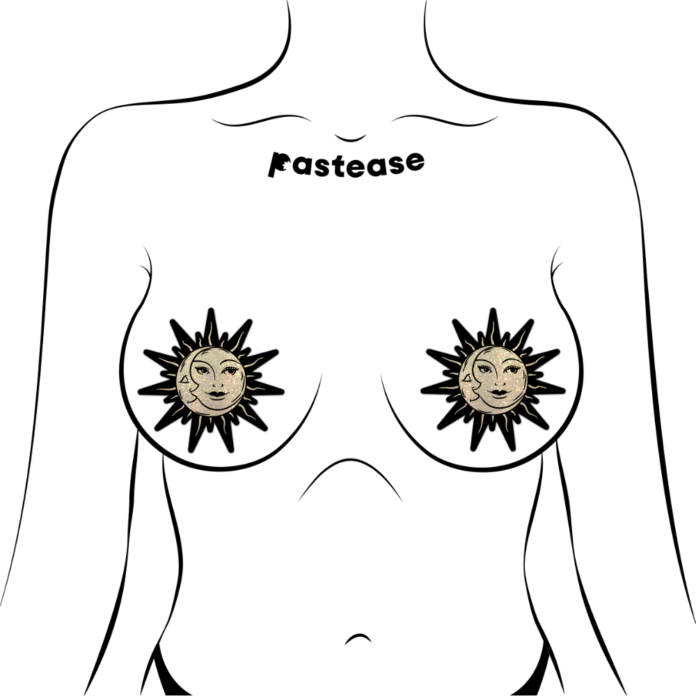 5-Pack: Sunburst: Sun & Moon Faces on Gold Glitter Sun Nipple Pasties by Pastease® o/s