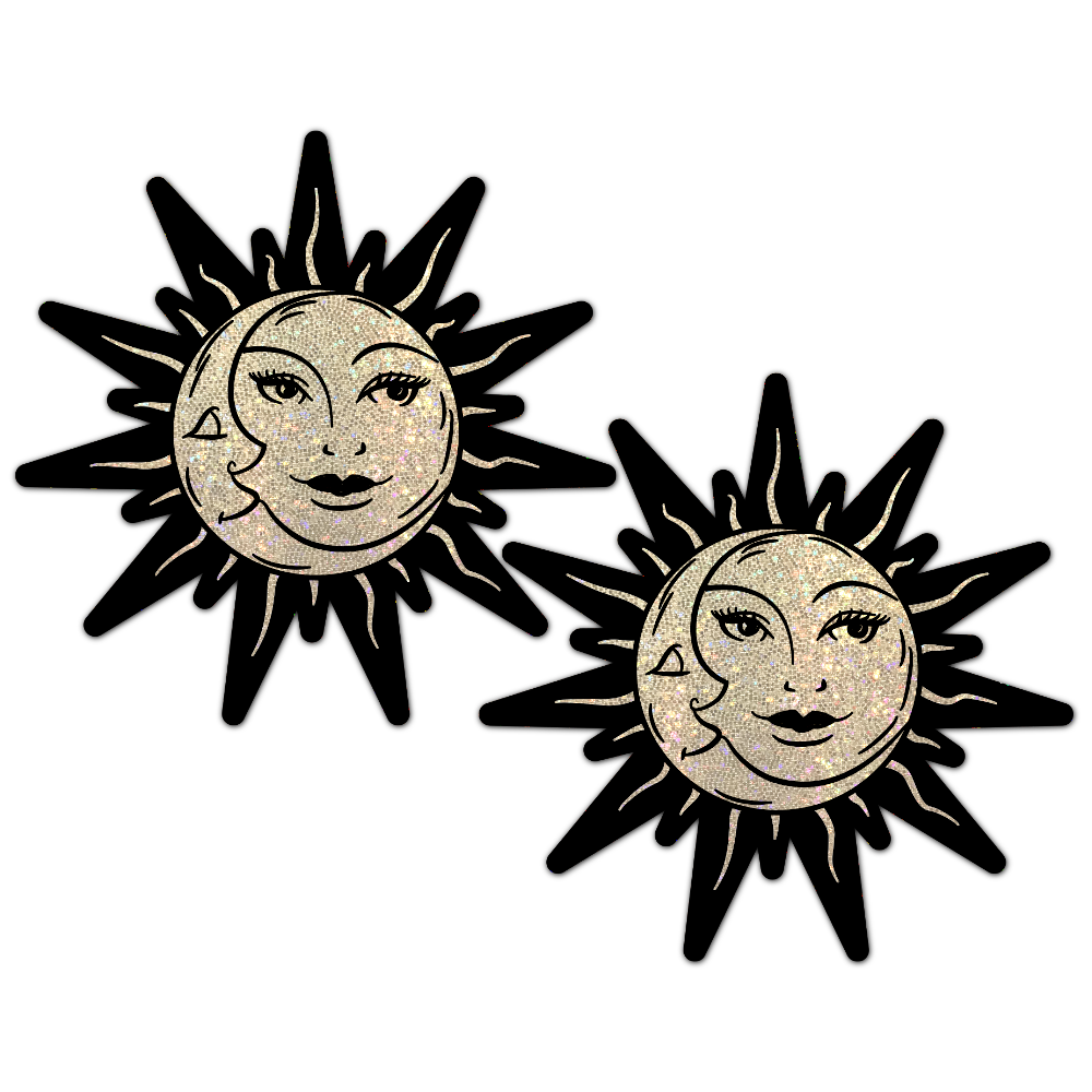 5-Pack: Sunburst: Sun & Moon Faces on Gold Glitter Sun Nipple Pasties by Pastease® o/s