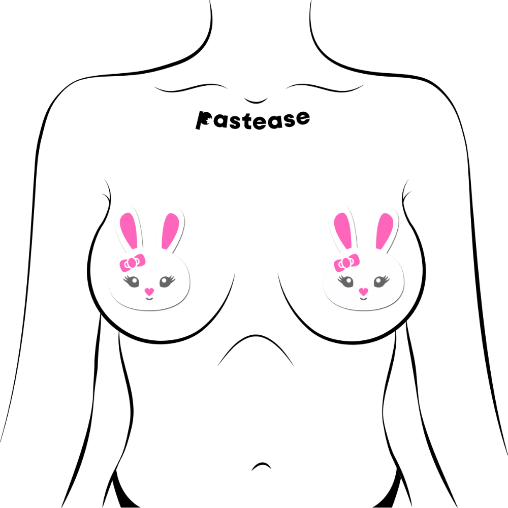 5-Pack: Bunny: Cute White Bunny with Pink Heart Nose, Ears, & Bow Nipple Pasties by Pastease® o/s