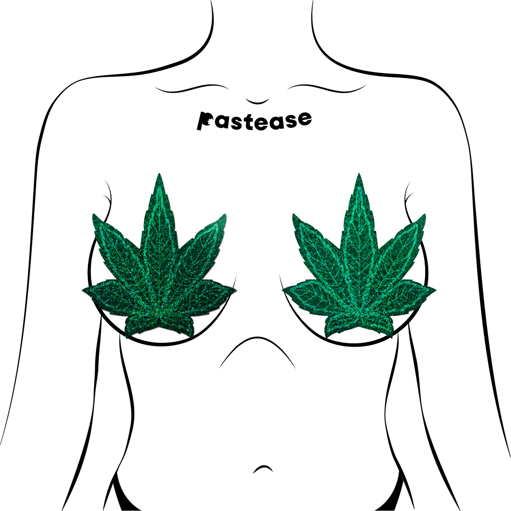 5 Pack: Coverage: Pot Leaf Glitter Green Full Breast Covers Support Tape by Pastease