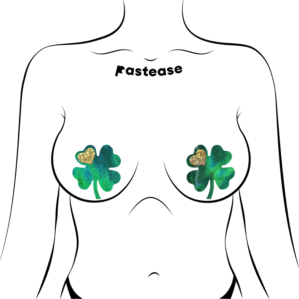 5-Pack: Four Leaf Clover: Holographic Green Shamrocks with Hearts o' Gold Nipple Pasties by Pastease® o/s