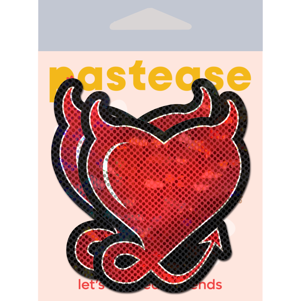 5 Pack: Devil Heart: Red Glittering Hearts with Horns & Tail Nipple Pasties by Pastease® o/s