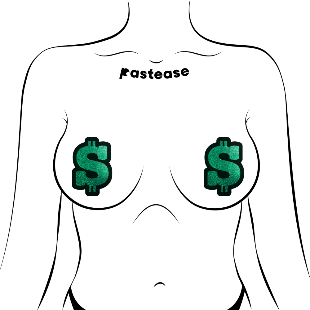 5-Pack: Money: Green Glitter Dollar Sign Nipple Pasties by Pastease® o/s