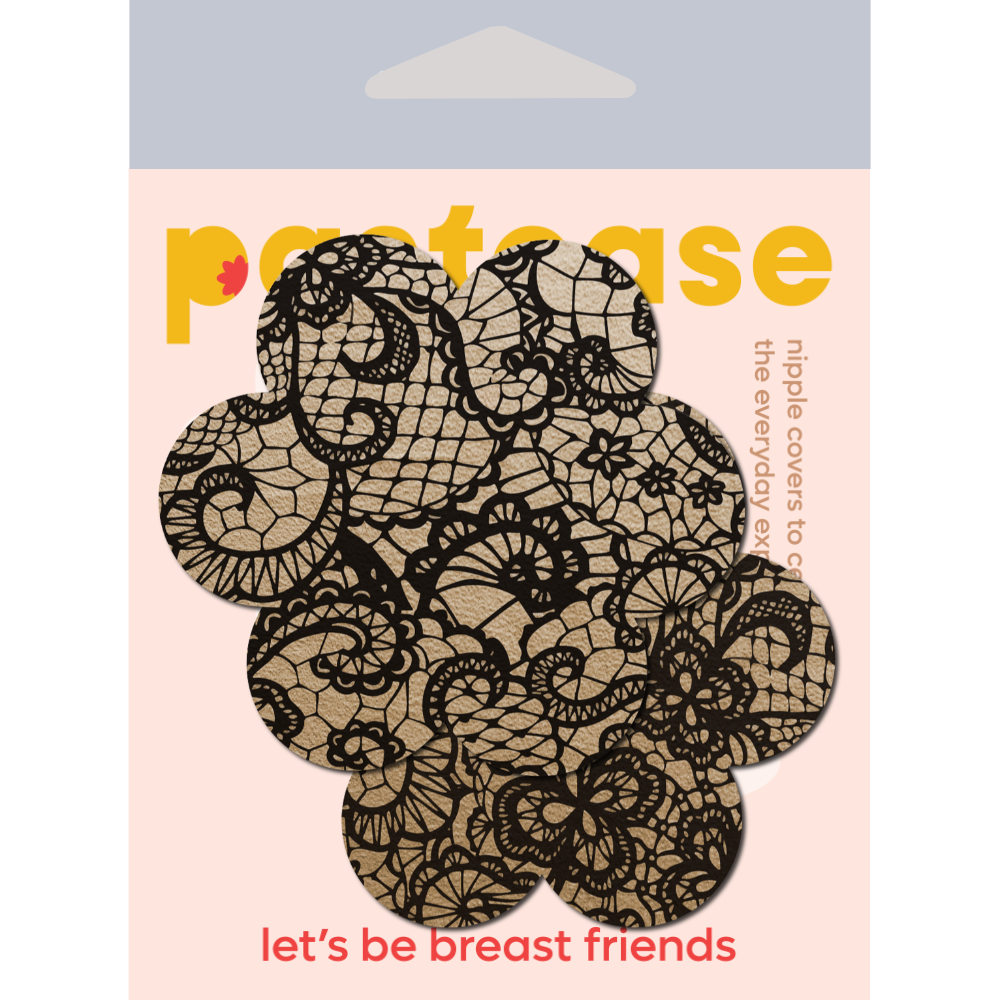 5-Pack: Daisy: Light Nude with Black Lace Flower Nipple Pasties by Pastease® o/s