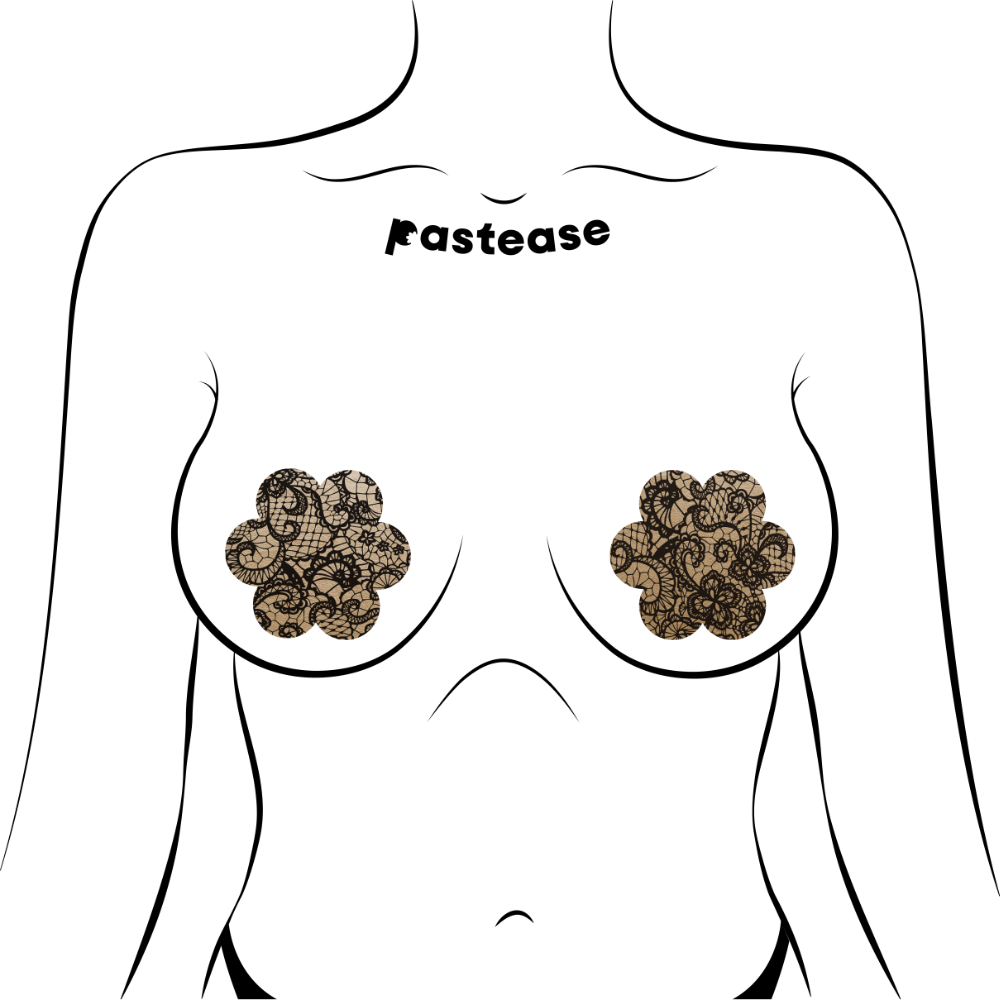 5-Pack: Daisy: Light Nude with Black Lace Flower Nipple Pasties by Pastease® o/s