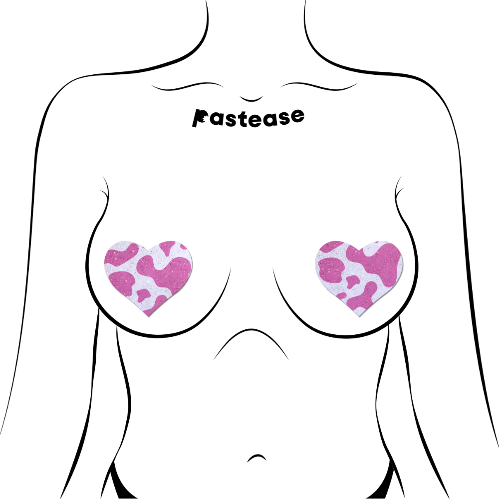 5 Pack: Love: Pink Strawberry Cow Print Heart on Soft Glittery Velvet Nipple Pasties by Pastease®