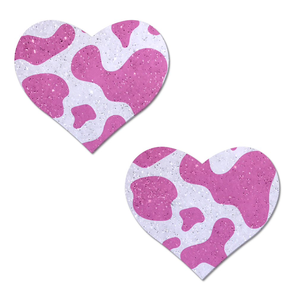 5 Pack: Love: Pink Strawberry Cow Print Heart on Soft Glittery Velvet Nipple Pasties by Pastease®