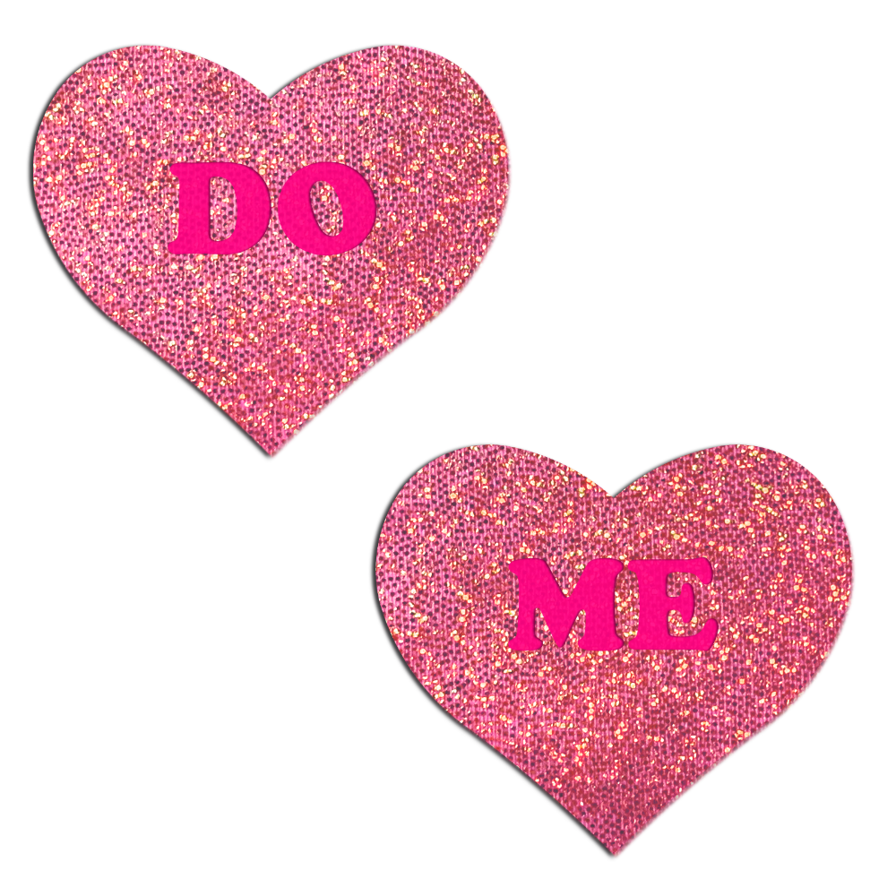 5 Pack: Love: 'DO ME' in Neon Pink on Pink Glitter Heart Nipple Pasties by Pastease