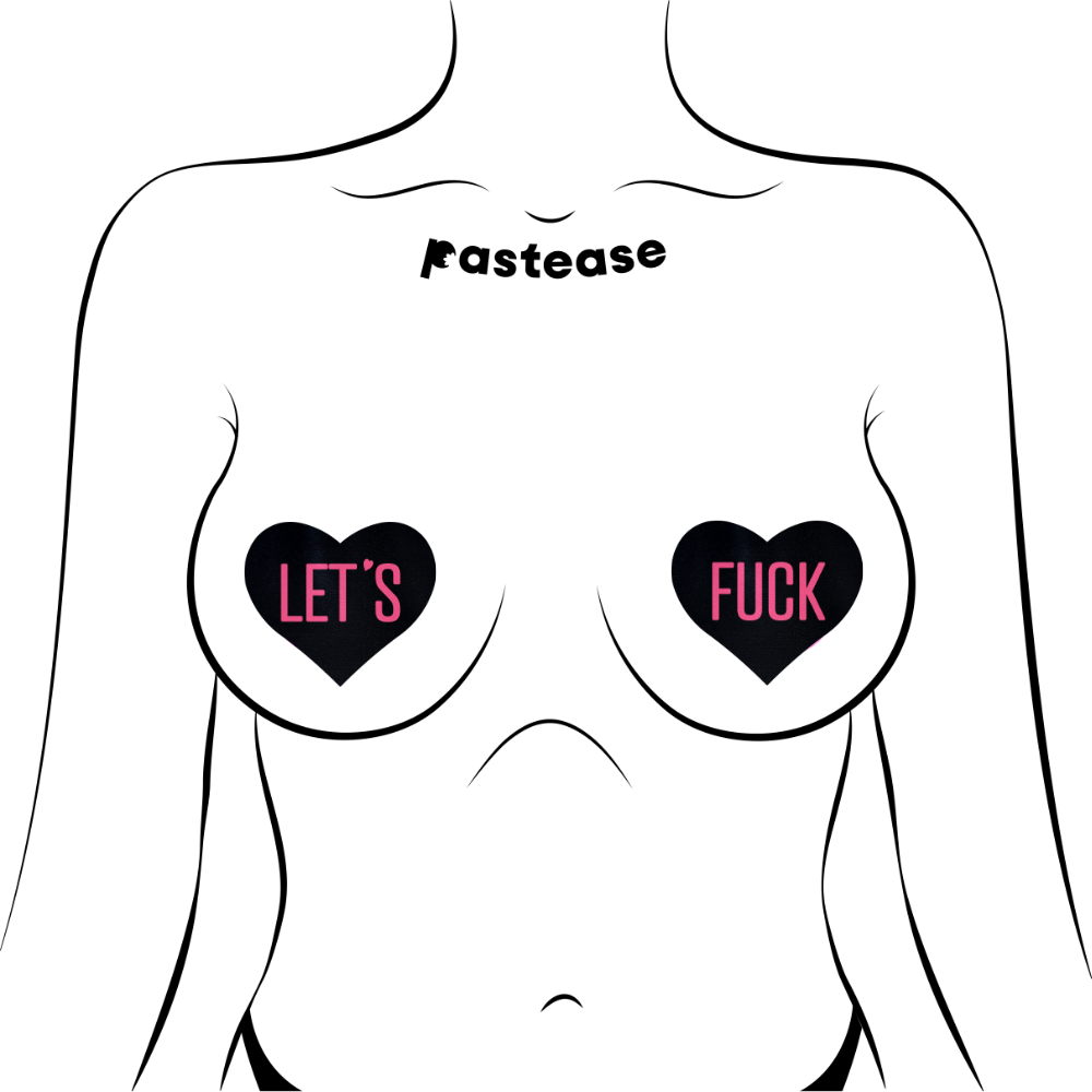 5-Pack: Love: 'Let's Fuck' Black Heart on Neon Pink Base Nipple Pasties by Pastease®
