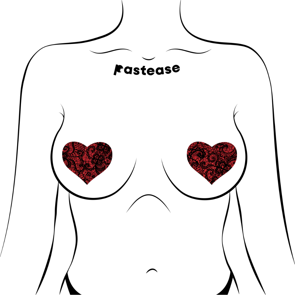 5-Pack: Red Glitter Heart with Black Lace overlay Nipple Pasties by Pastease® o/s