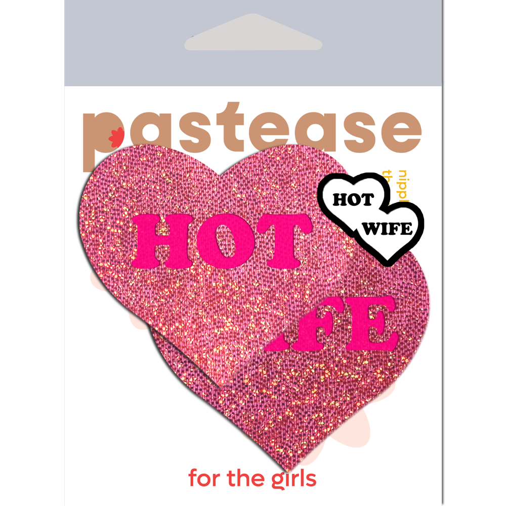 5-Pack: Love: 'HOT WIFE' in Neon Pink on Pink Glitter Heart Nipple Pasties by Pastease