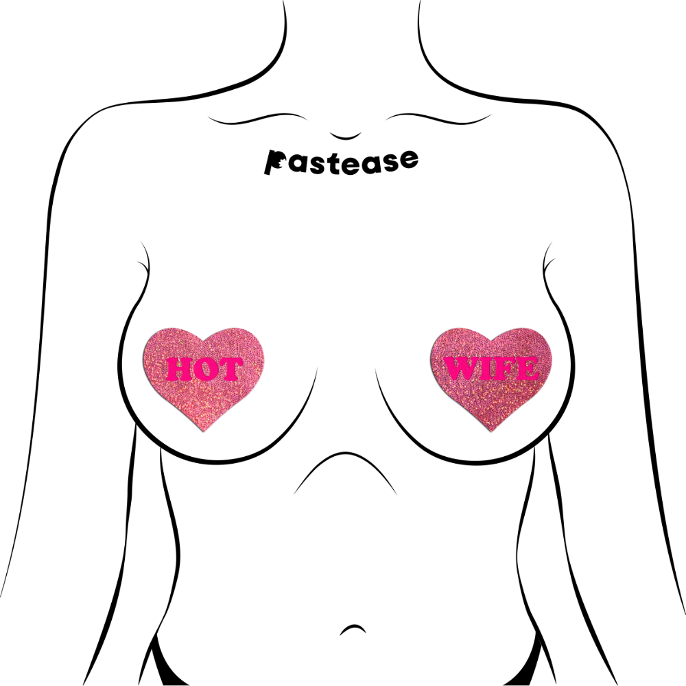 5-Pack: Love: 'HOT WIFE' in Neon Pink on Pink Glitter Heart Nipple Pasties by Pastease