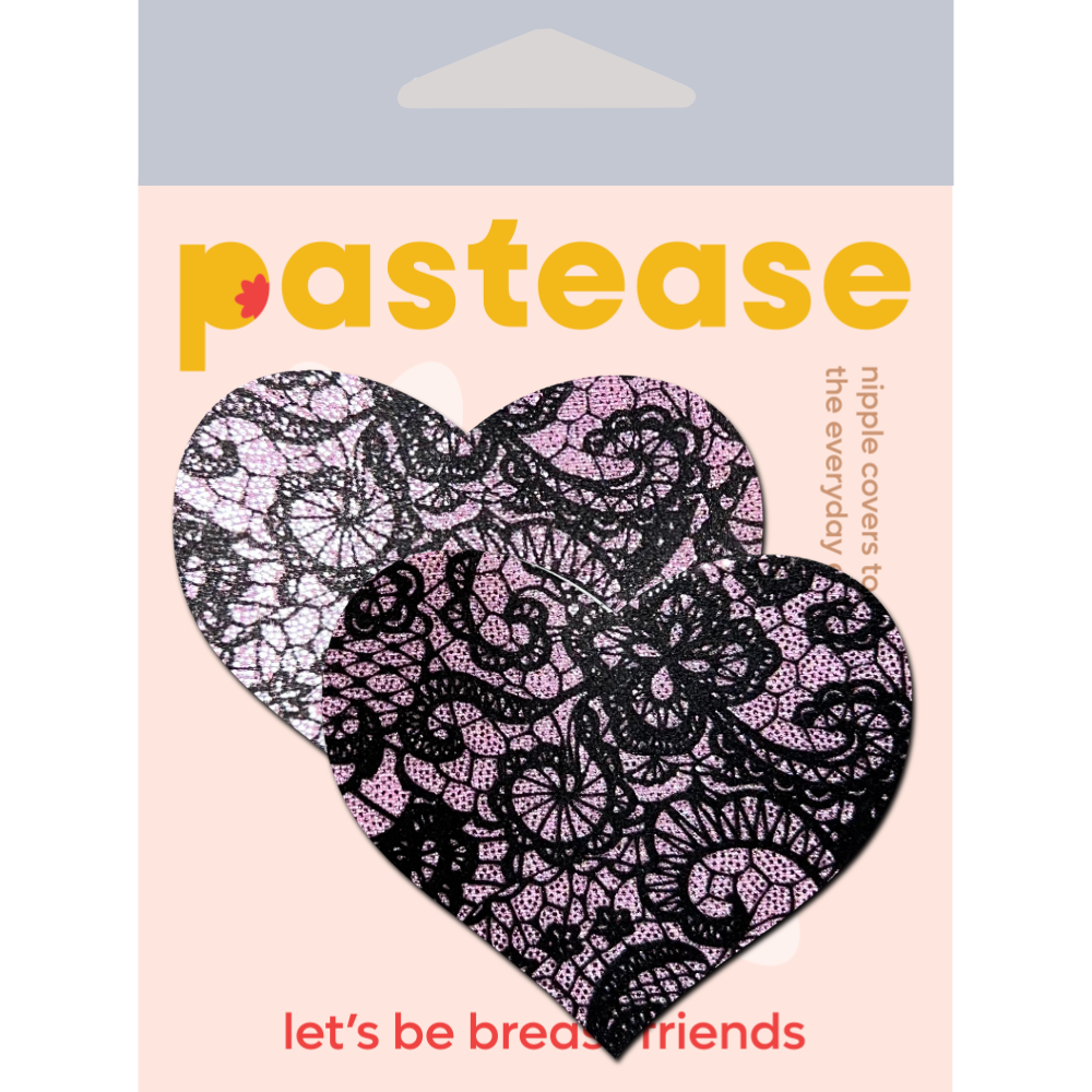 5-Pack: Love: Liquid Baby Pink with Black Lace Heart Nipple Pasties by Pastease® o/s
