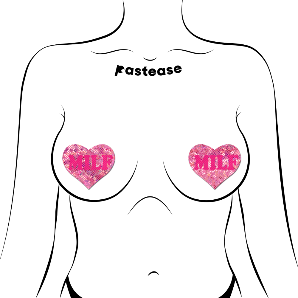 5 Pack: Love: 'MILF' in Neon Pink on Pink Disco Heart Nipple Pasties by Pastease