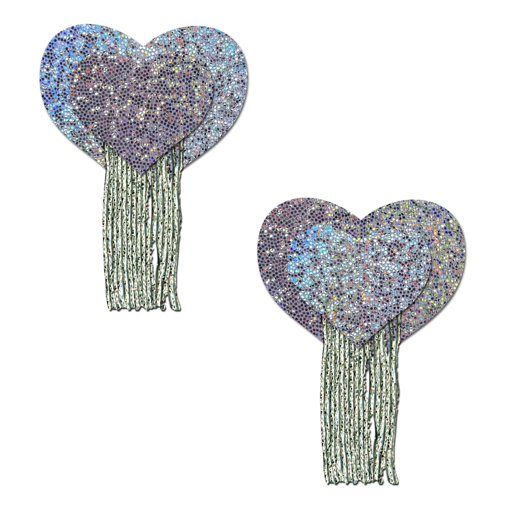 5-Pack: Love: Silver Glitter Hearts with Tassel Fringe Nipple Pasties by Pastease® o/s