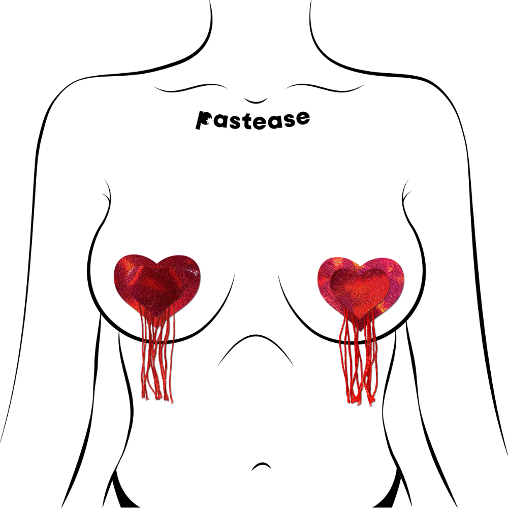 5-Pack: Tassels: Red Holographic Hearts with Tassel Fringe Nipple Pasties by Pastease® o/s
