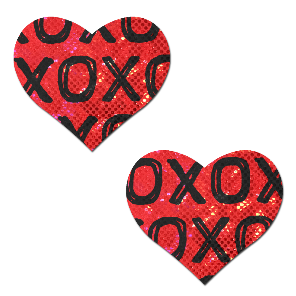 5-Pack: Love: Shattered Glass Disco Ball Red with Black XO Heart Nipple Pasties by Pastease® o/s