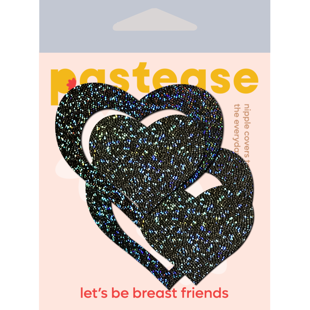 5-Pack: Peek-a-Boob: Black Glitter Heart Frame & Center Nipple Pasties by Pastease® o/s