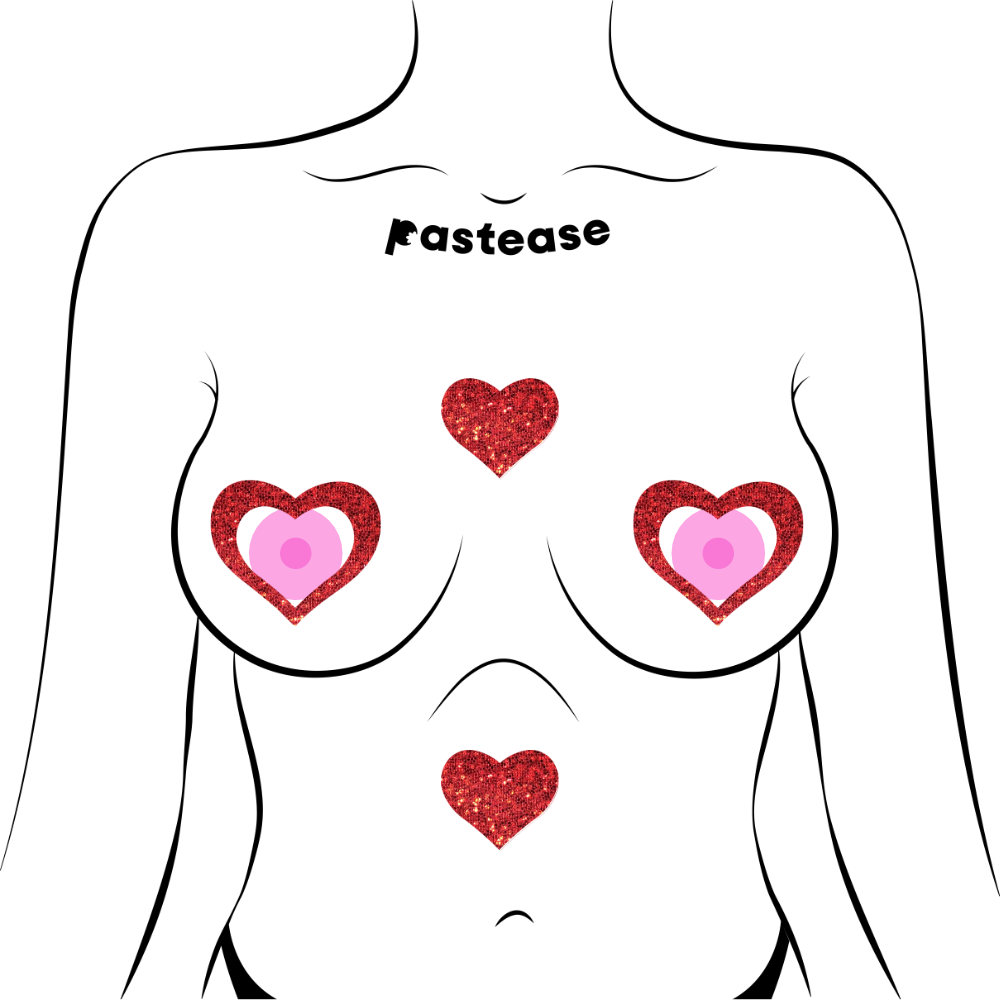 5-Pack: Peek-a-Boob: Red Glitter Heart Frame & Center Nipple Pasties by Pastease® o/s