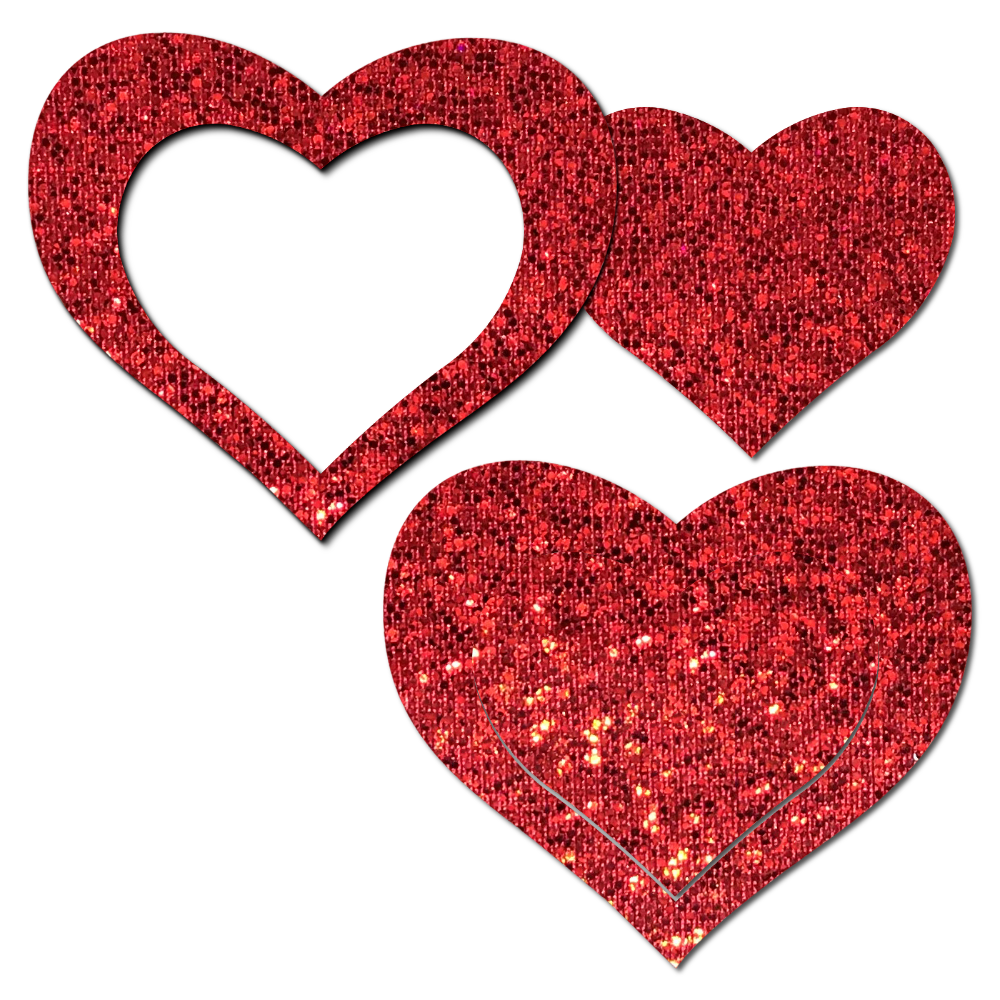5-Pack: Peek-a-Boob: Red Glitter Heart Frame & Center Nipple Pasties by Pastease® o/s