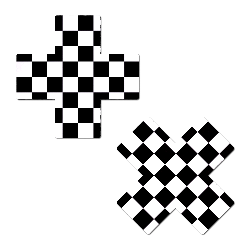 5-Pack: Plus X: Black & White Checker Cross Nipple Pasties by PasteaseĀ® o/s