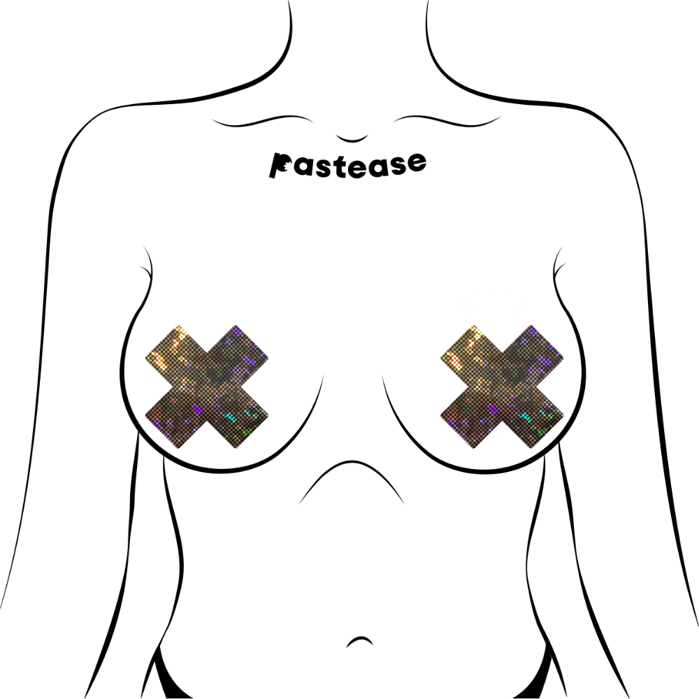 5-Pack: Plus X: Shattered Glass Disco Ball Glitter Gold Cross Nipple Pasties by Pastease® o/s