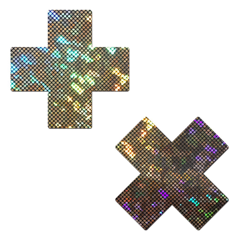 5-Pack: Plus X: Shattered Glass Disco Ball Glitter Gold Cross Nipple Pasties by Pastease® o/s