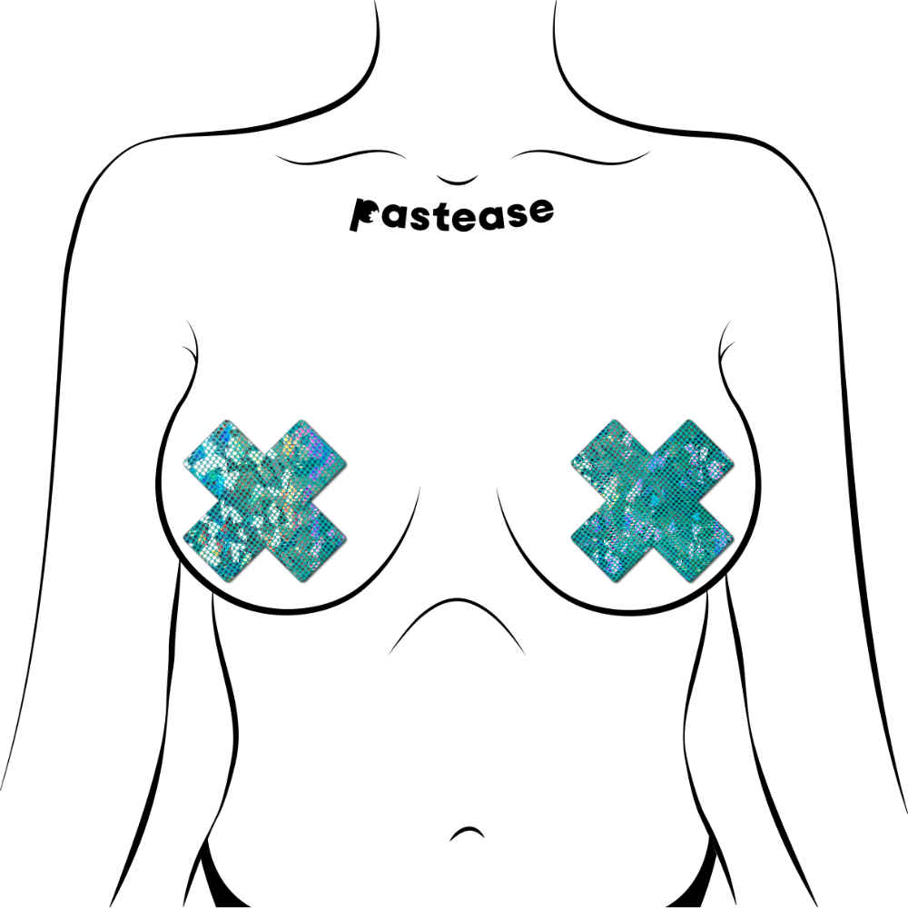 5-Pack: Plus X: Shattered Glass Disco Ball Glitter Seafoam Cross Nipple Pasties by Pastease®