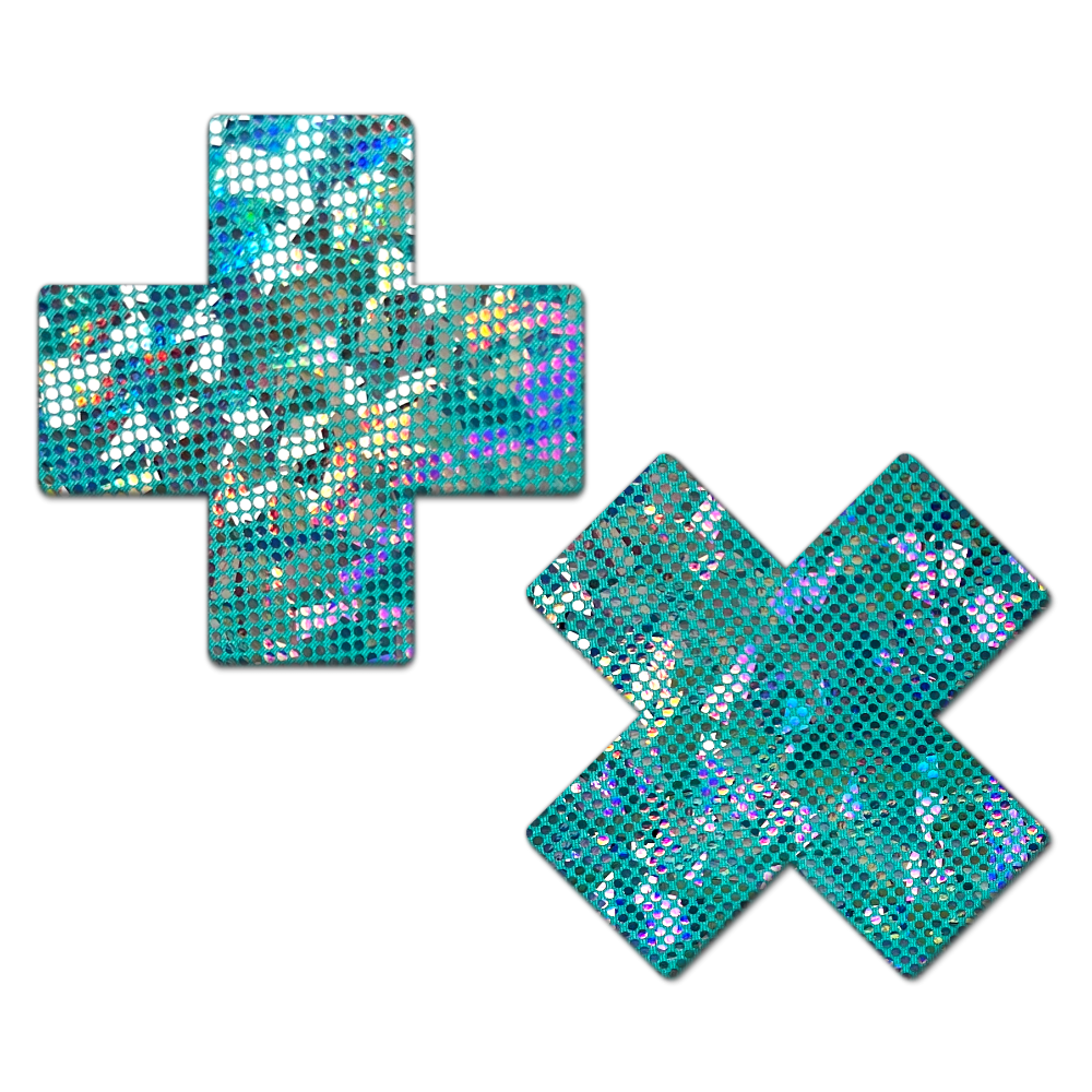 5-Pack: Plus X: Shattered Glass Disco Ball Glitter Seafoam Cross Nipple Pasties by PasteaseĀ®