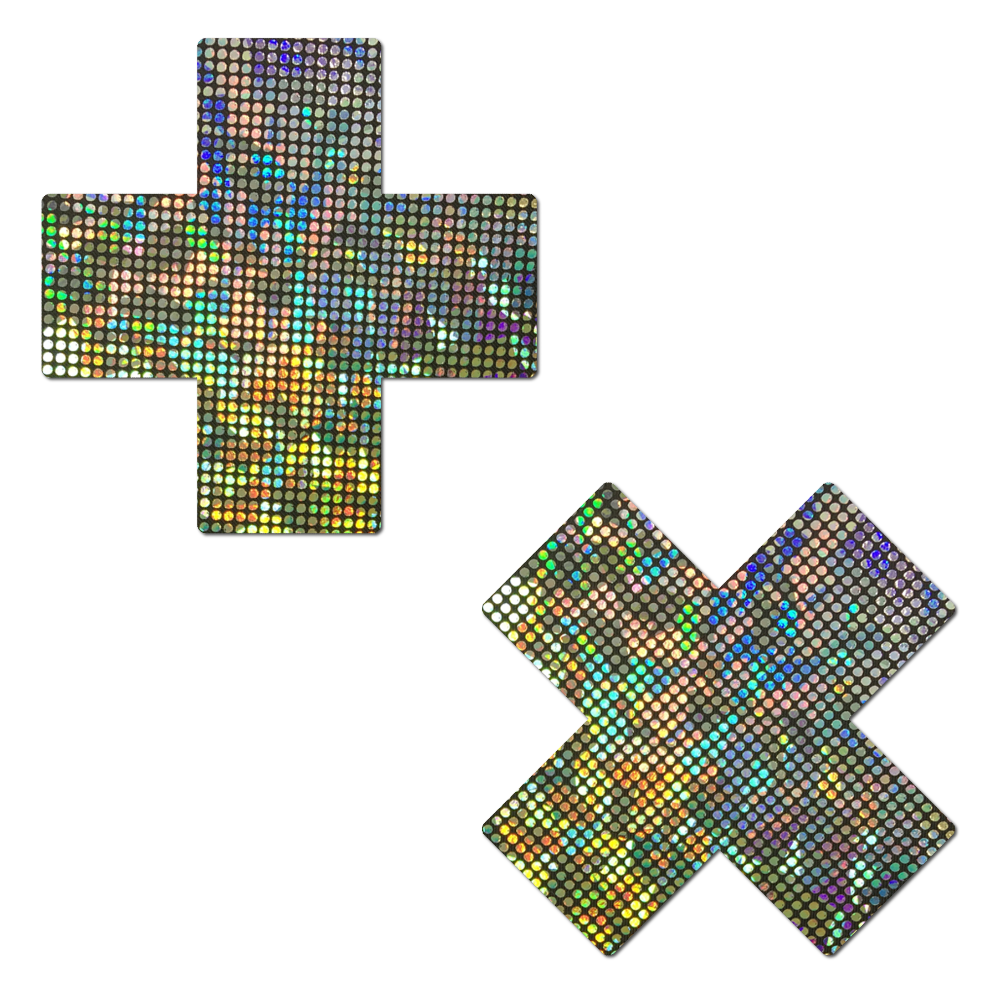 5-Pack: Plus X: Shattered Glass Disco Ball Glitter Silver Cross Nipple Pasties by Pastease® o/s
