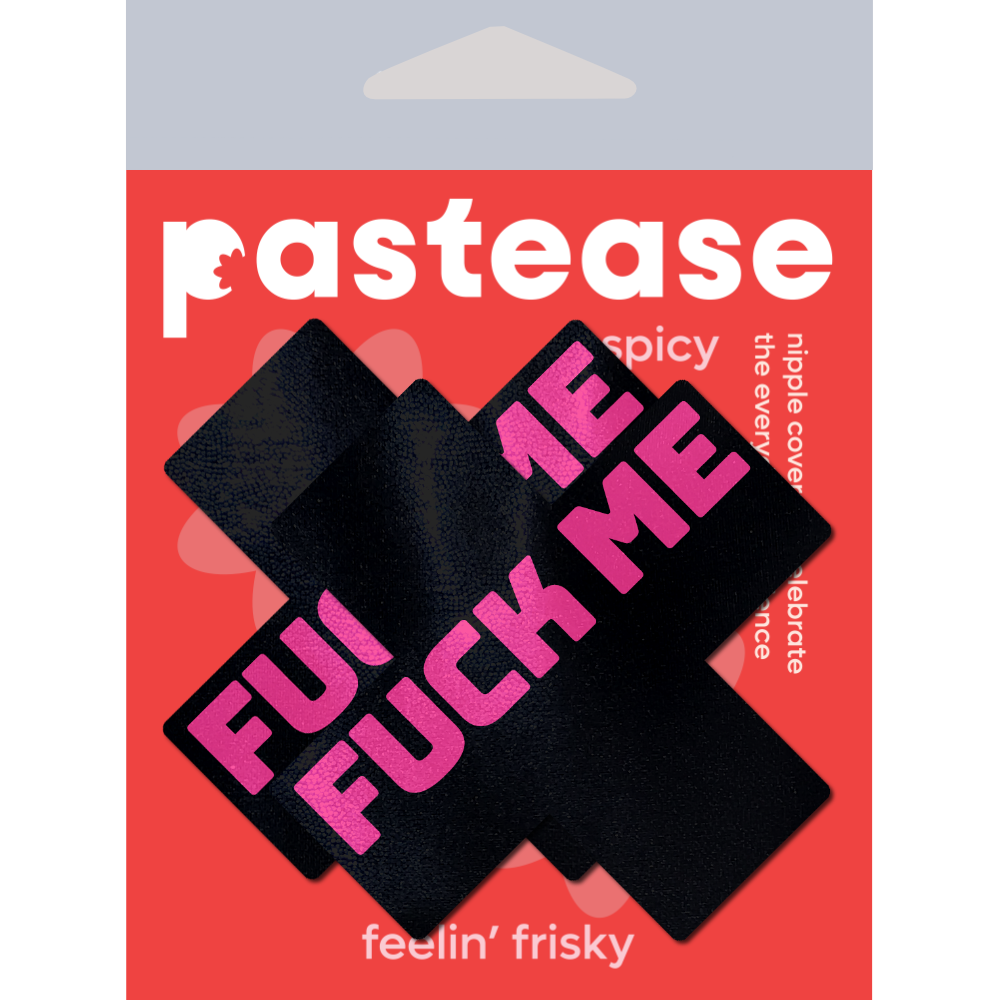 5-Pack: Plus X: 'Fuck Me' Black Cross on Neon Pink Base Nipple Pasties by Pastease® o/s