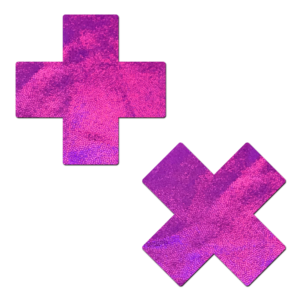 5-Pack: Plus X: Pink Holographic Cross Nipple Pasties by PasteaseĀ® o/s