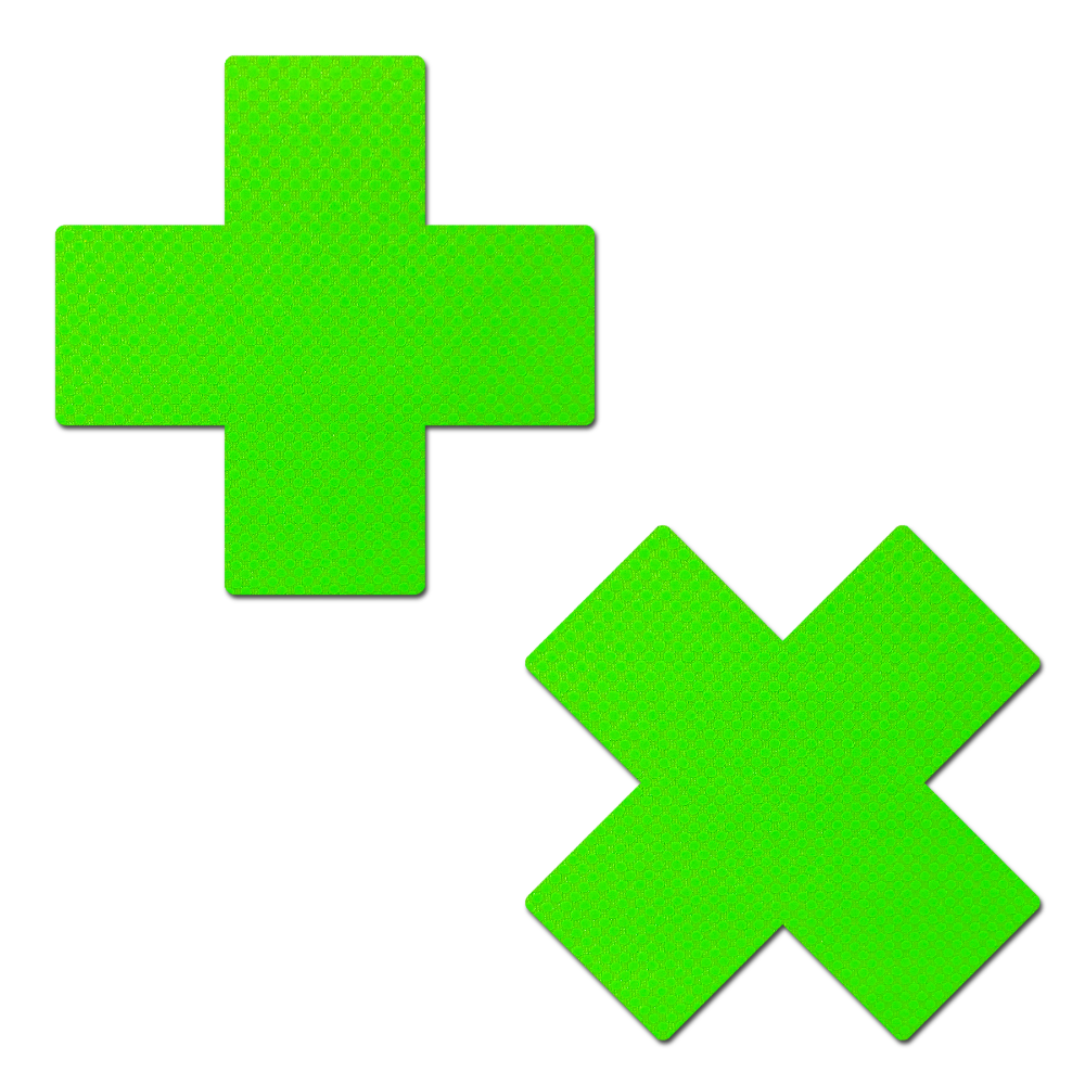 5-Pack: Plus X: Neon Green (Blacklight Reactive) Cross Nipple Pasties by PasteaseĀ® o/s