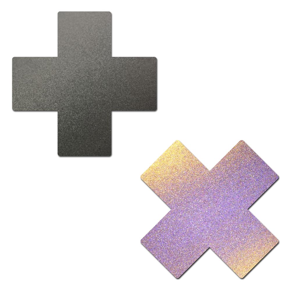 5-Pack: Plus X: Reflective Gun Metal Grey Cross Nipple Pasties by PasteaseĀ® o/s