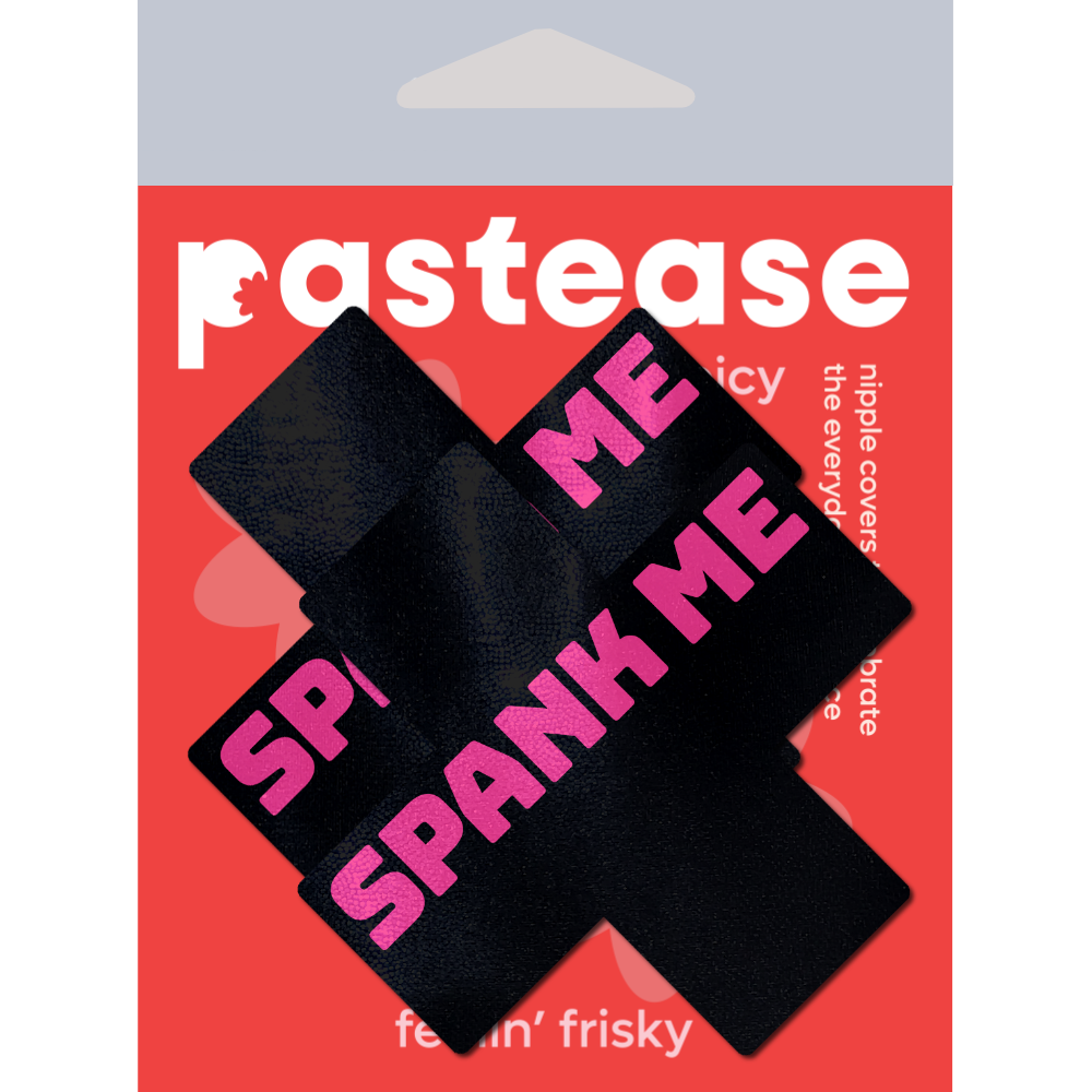 5-Pack: Plus X: 'Spank Me' Black Cross on Neon Pink Base Nipple Pasties by Pastease® o/s