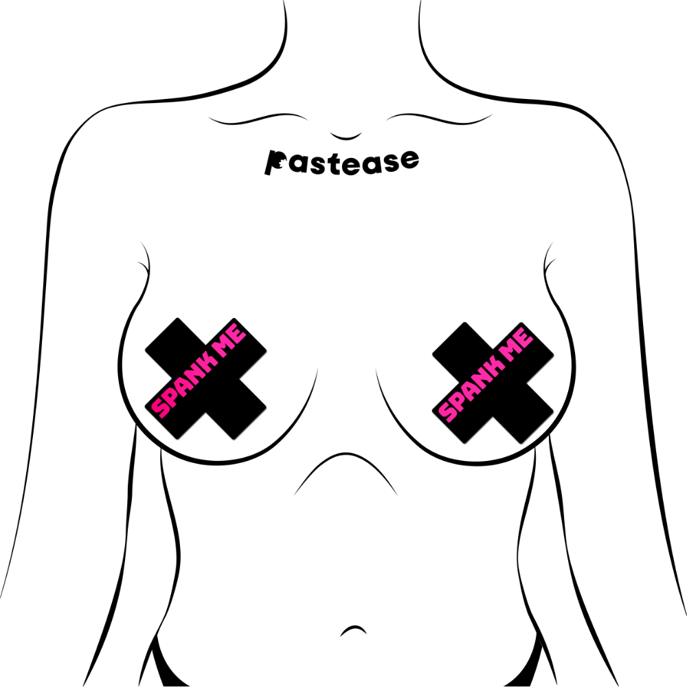 5-Pack: Plus X: 'Spank Me' Black Cross on Neon Pink Base Nipple Pasties by Pastease® o/s