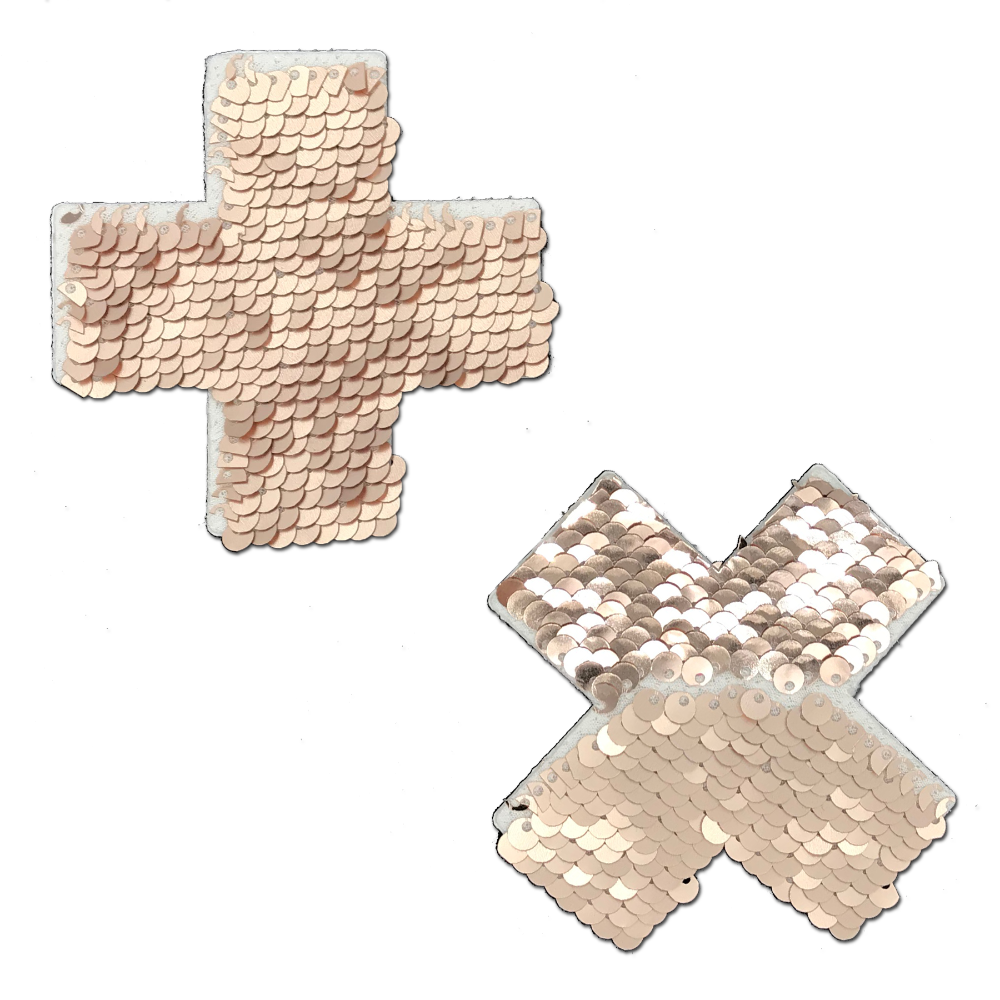 5-Pack: Plus X: Rose Gold Shiny & Matte Flip Sequin Cross Nipple Pasties by Pastease® o/s