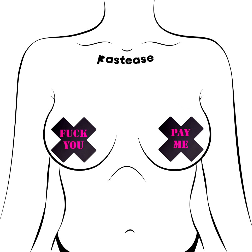5-Pack: Plus X: Black with Pink 'Fuck You, Pay Me' Cross Nipple Pasties by Pastease®
