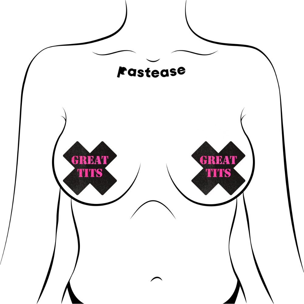 5-Pack: Plus X: Black with Pink 'Great Tits' Cross Nipple Pasties by Pastease®