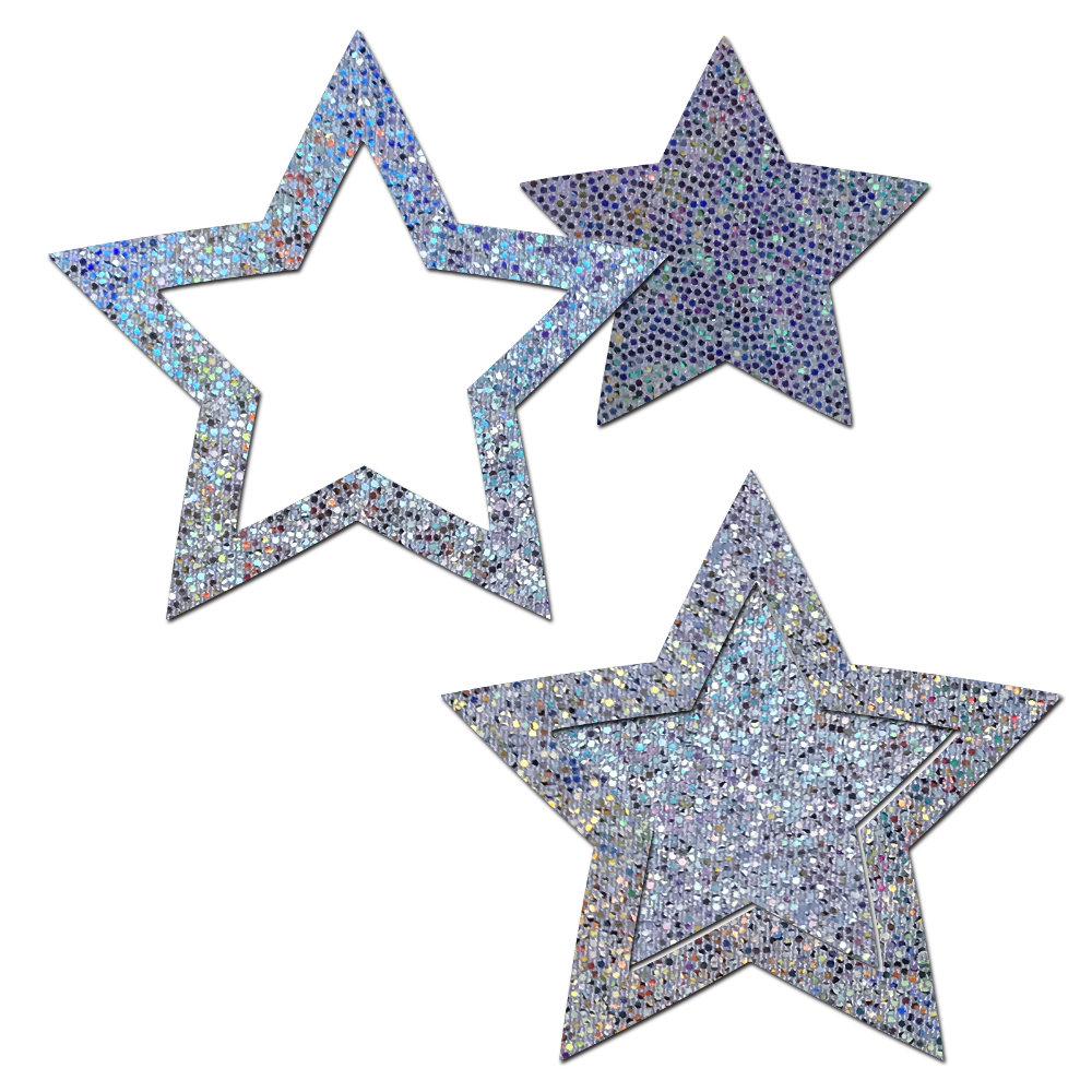 5-Pack: Peek-a-Boob: Silver Glitter Star Frame & Center Nipple Pasties by Pastease® o/s