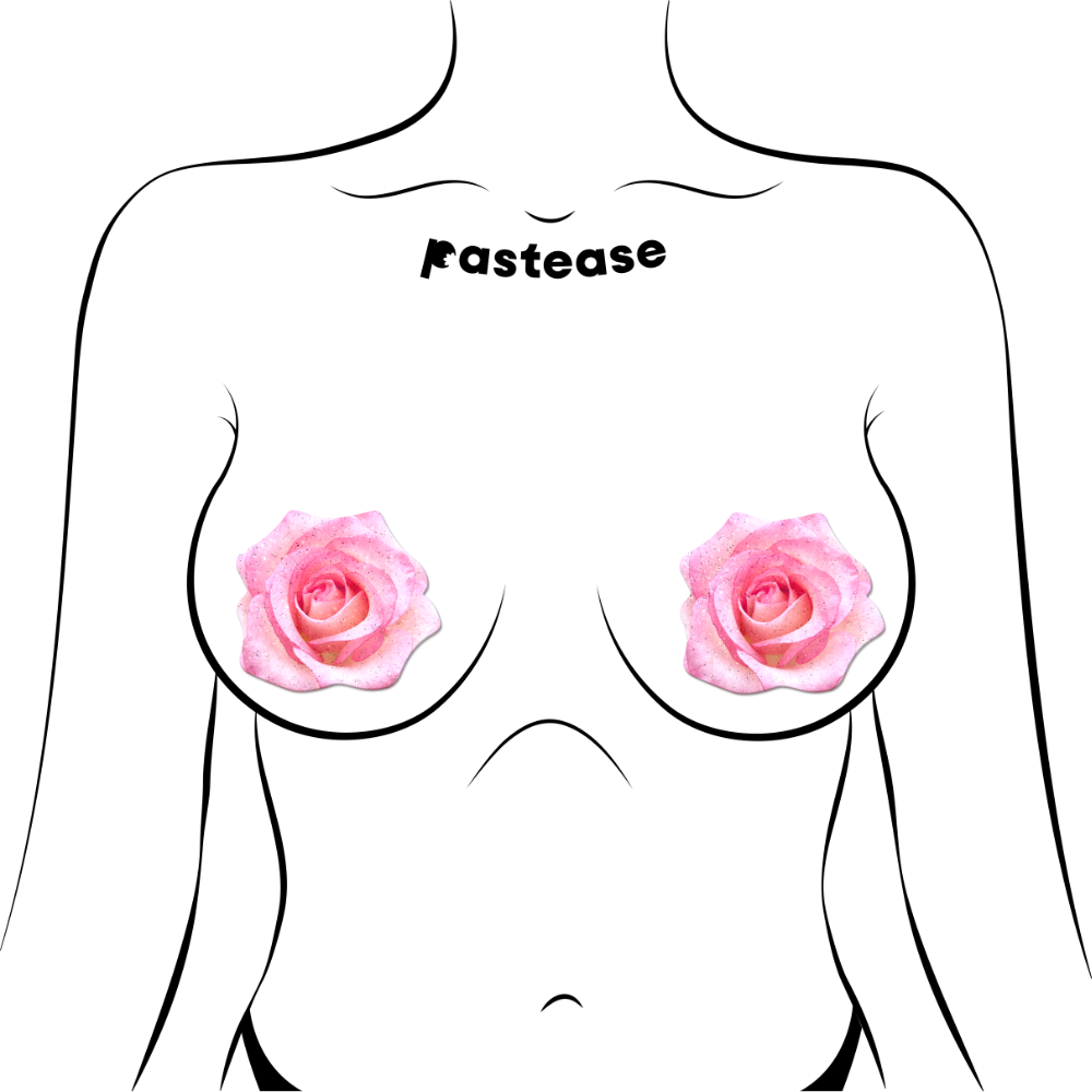 5 Pack: Rose: Pink Glitter Velvet Blooming Rose Flower Nipple Pasties by Pastease® o/s