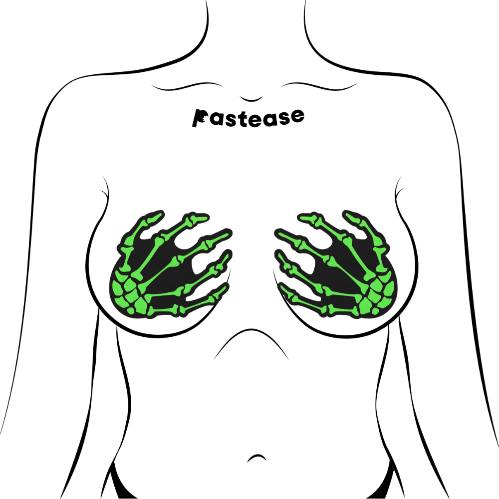 5-Pack: Skeleton Hands: Zombie Neon Green/UV Reactive Boney Hands Nipple Pasties by Pastease® o/s