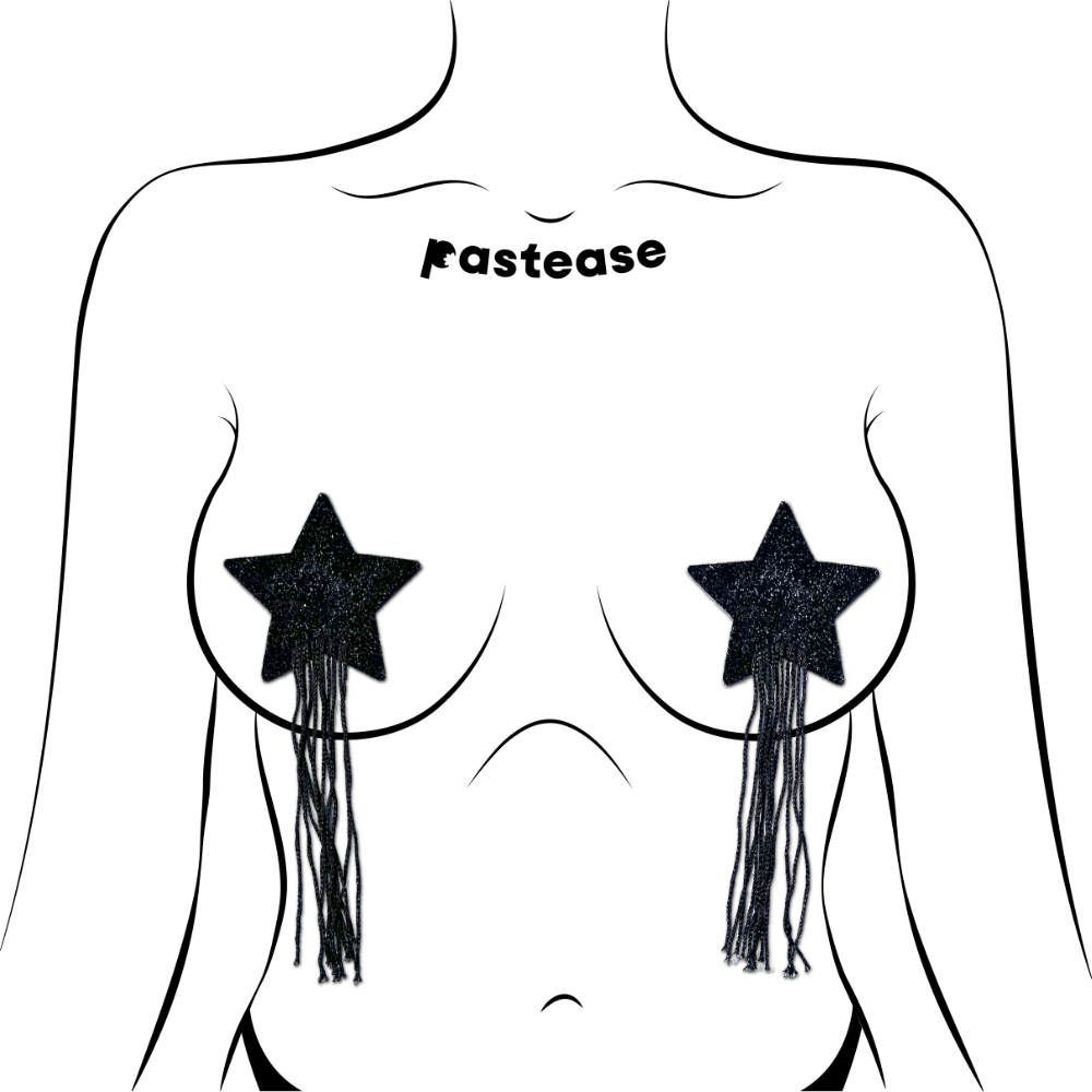 5-Pack: Tassel Pasties: Black Sparkle Star Pastease with Long Fringe Nipple Pasties by Pastease® o/s