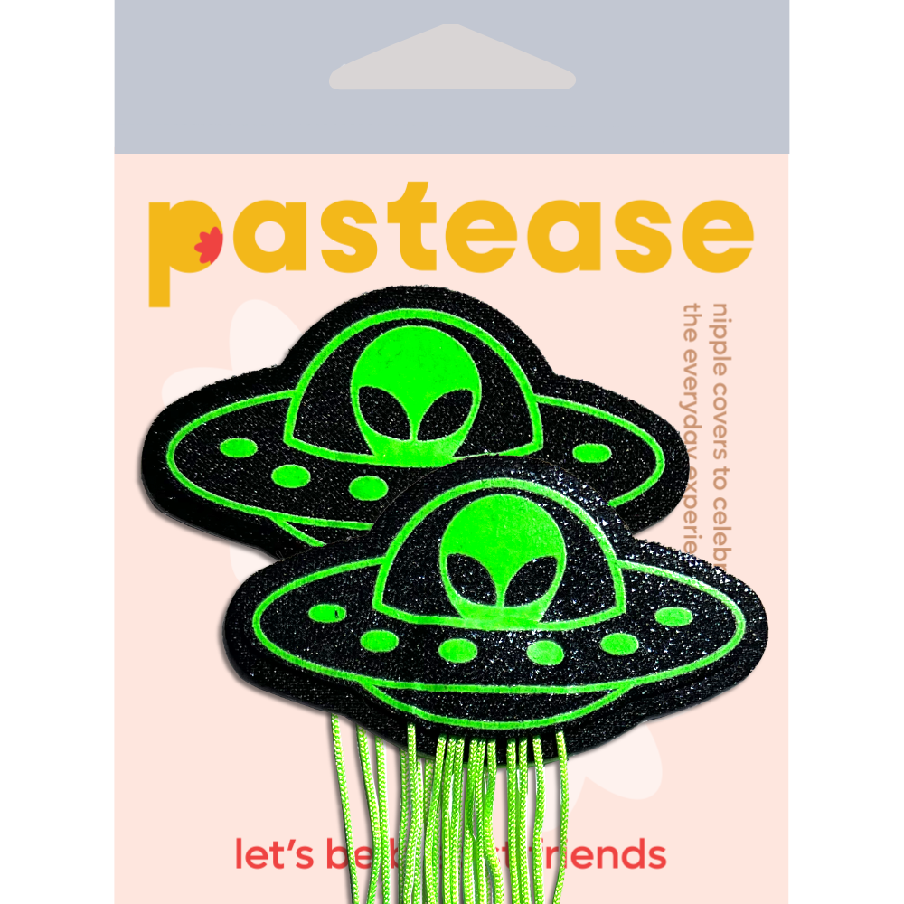 5 Pack: Tassel UFO Alien Glow-in-the-Dark Neon Green on Black Nipple Pasties by Pastease®