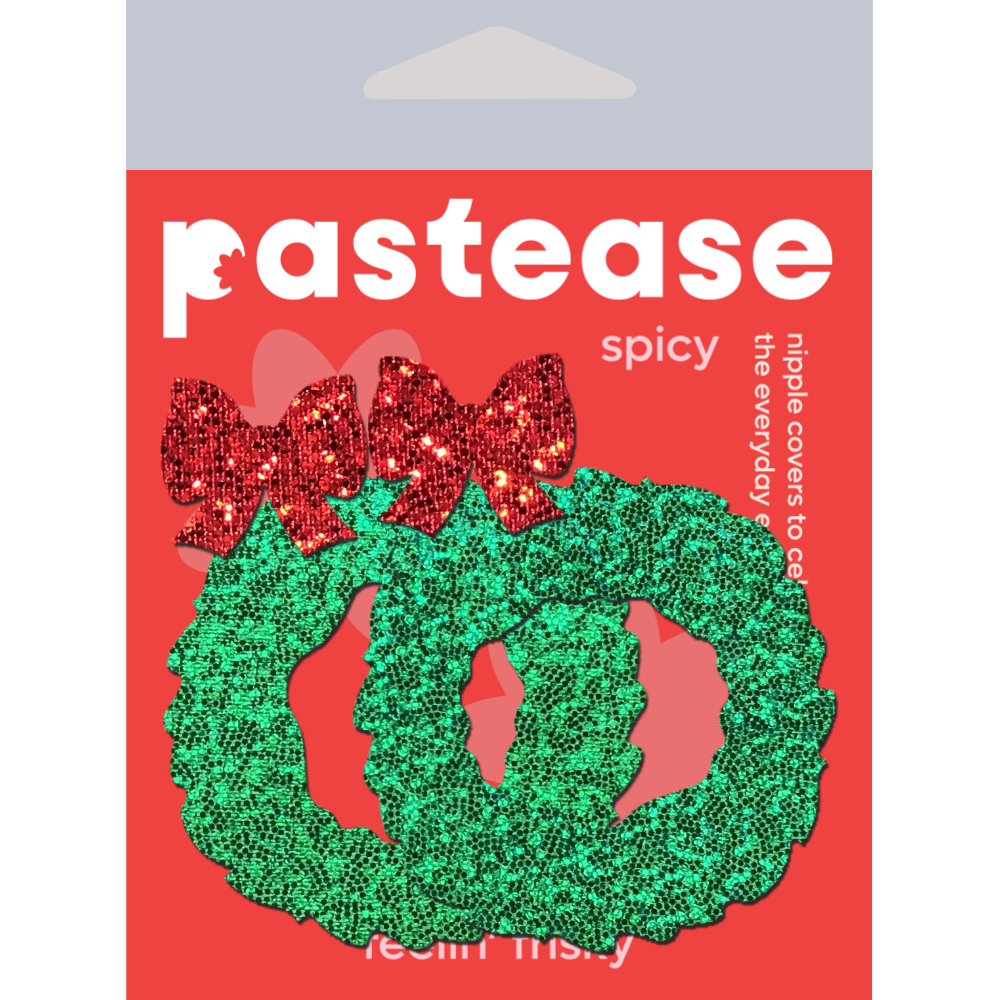 5-Pack: Peek-a-Boob: Green Glitter Wreath with Red Glitter Bow Nipple Pasties by Pastease® o/s