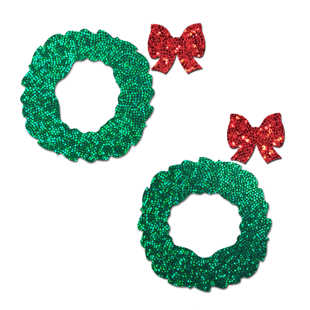 5-Pack: Peek-a-Boob: Green Glitter Wreath with Red Glitter Bow Nipple Pasties by Pastease® o/s